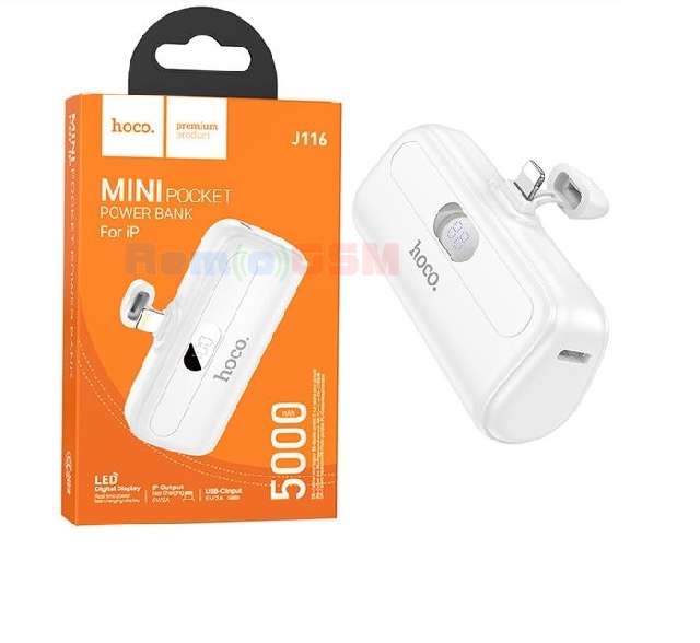 hoco j116 baterie externa powerbank afisaj digital conector lightning compact size 5000mah 5v2a white