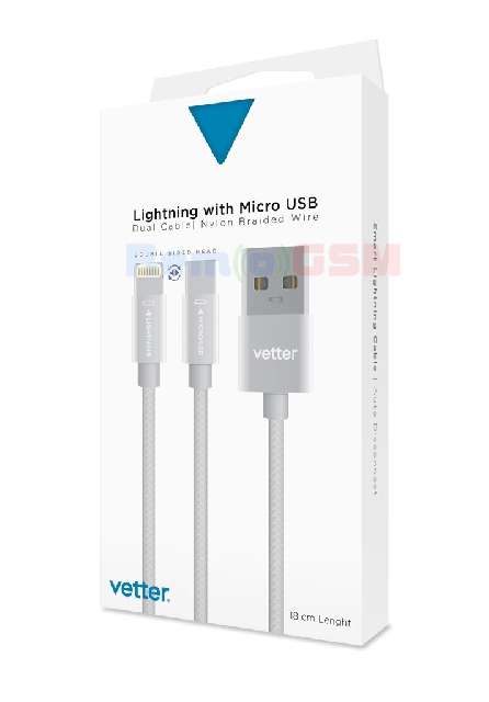 cablu de date incarcare vetter dual lightning micro usb nylon braided wire 1m grey